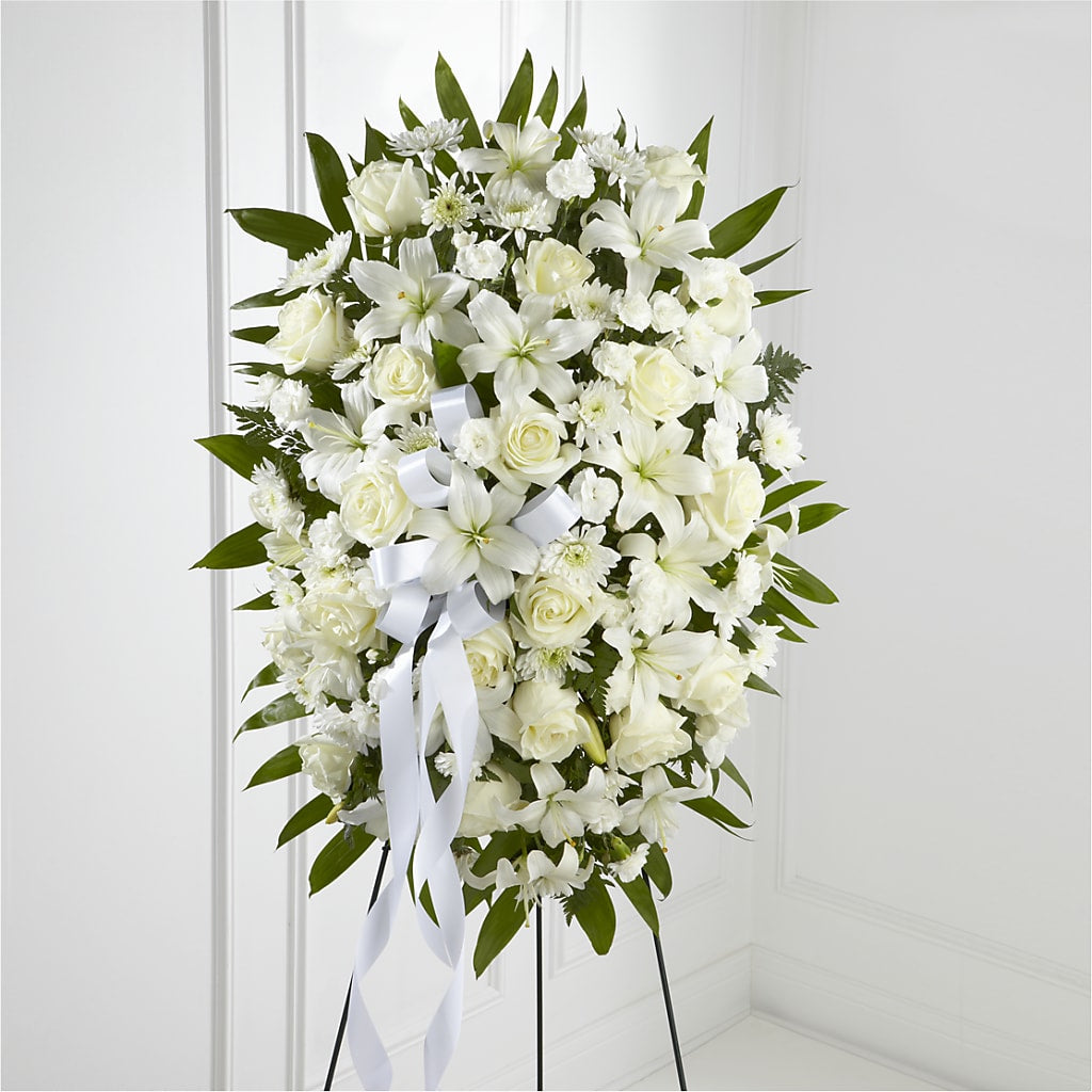 Exquisite Tribute Standing Spray-White Ribbon – J C Snyder Florist By Transcend, Harrisburg PA