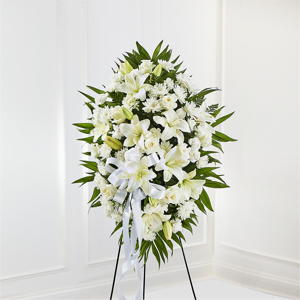 Exquisite Tribute Standing Spray-White Ribbon – J C Snyder Florist By Transcend, Harrisburg PA